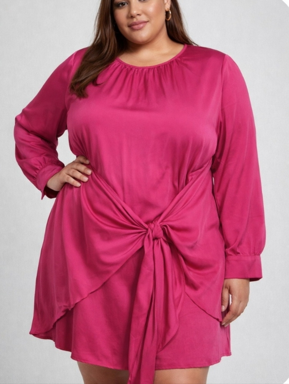 PrettyGarden Long Sleeve Pink Tie-Front Satin Dress. Size XXL. Great Condition.